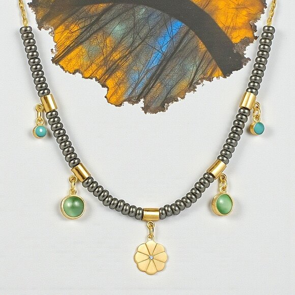 πBoho Chic Two Tone 18K Gold Plated Stainless Steel Necklace Floral Charm - Picture 8 of 13